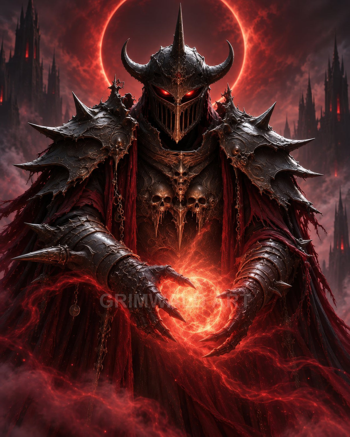 Armoured death knight with horned helm and glowing red eyes conjures a fiery orb beneath a blood-red eclipse, gothic spires looming behind.
