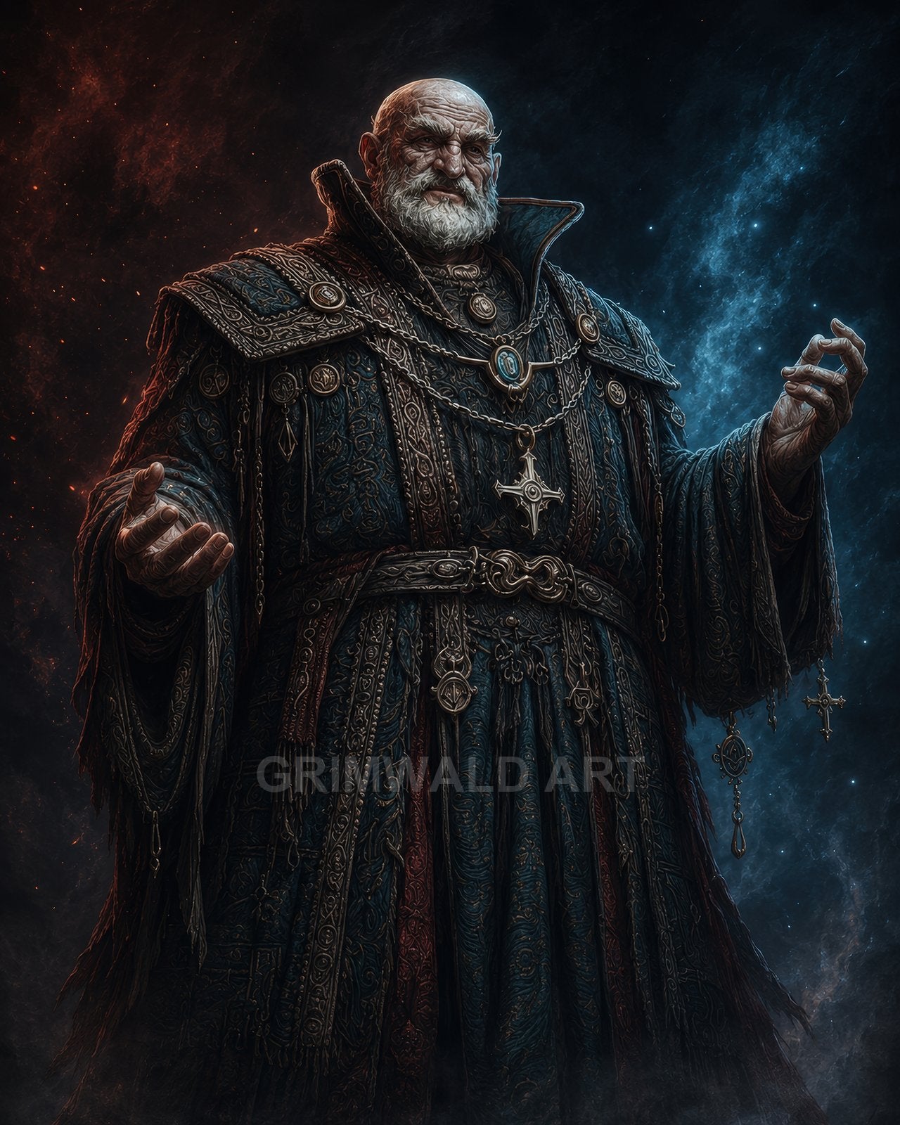 Elderly bearded wizard in ornate dark robes with pendants and chains, hands raised, against a blue-red smoky starfield background.