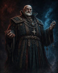 GRID THUMBNAIL — Elderly bearded wizard in ornate dark robes with pendants and chains, hands raised, against a blue-red smoky starfield background.