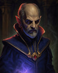 GRID THUMBNAIL — Close-up portrait of a stern, bald elf wizard in blue gold-trimmed robes, ruby amulet glowing, amber eyes and purple magic swirling in a dim hall.