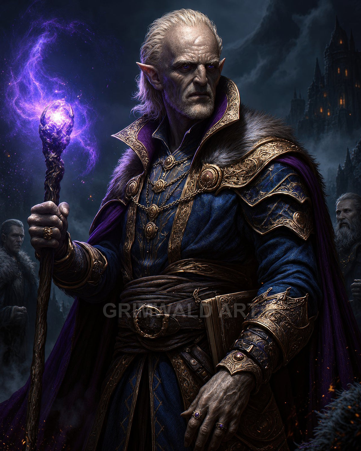 Elderly elf wizard in ornate blue and gold robes holds a glowing purple staff before a dark, gothic castle at night.