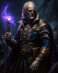 GRID THUMBNAIL — Elderly elf wizard in ornate blue and gold robes holds a glowing purple staff before a dark, gothic castle at night.
