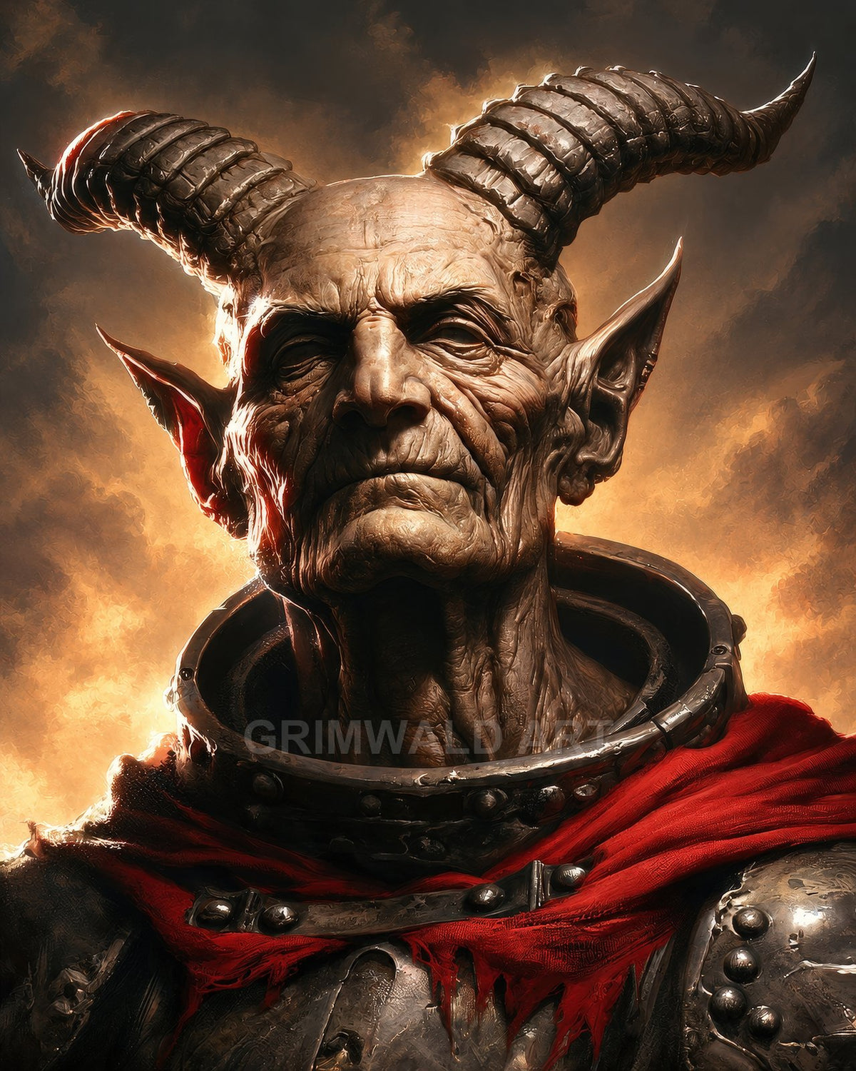 Close-up portrait of an aged horned demon in battered plate armour with a red scarf, backlit by fiery light against smoky darkness.