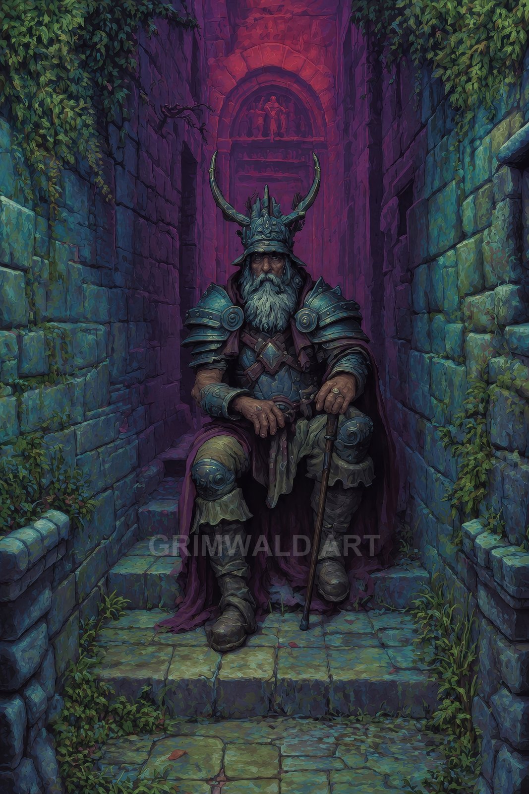 An elderly bearded knight in horned helm and plate armour sits on mossy stone steps within ivy-covered ruins, gripping a staff in violet twilight.