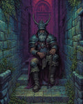 GRID THUMBNAIL — An elderly bearded knight in horned helm and plate armour sits on mossy stone steps within ivy-covered ruins, gripping a staff in violet twilight.