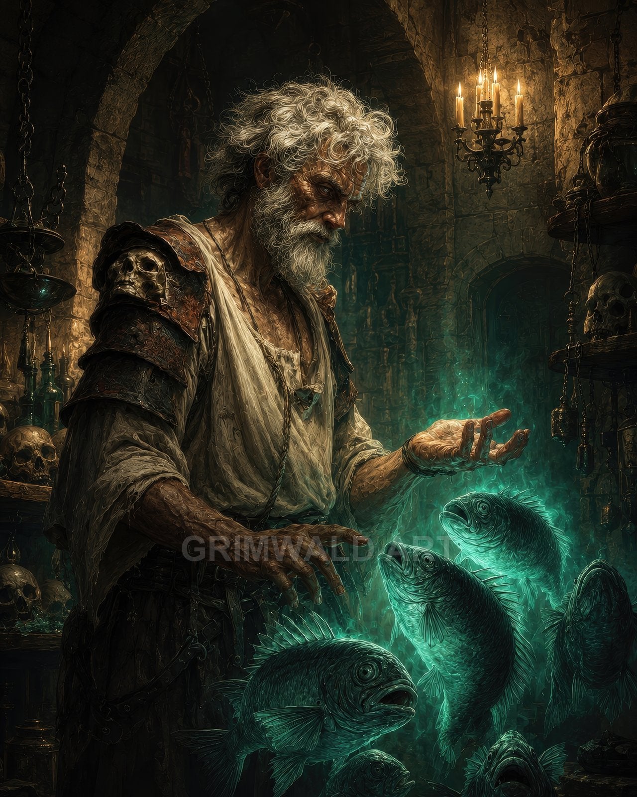 Elderly bearded wizard in a skull-adorned dungeon conjures teal spectral fish under candlelight, surrounded by shelves, chains, and ancient stone arches.
