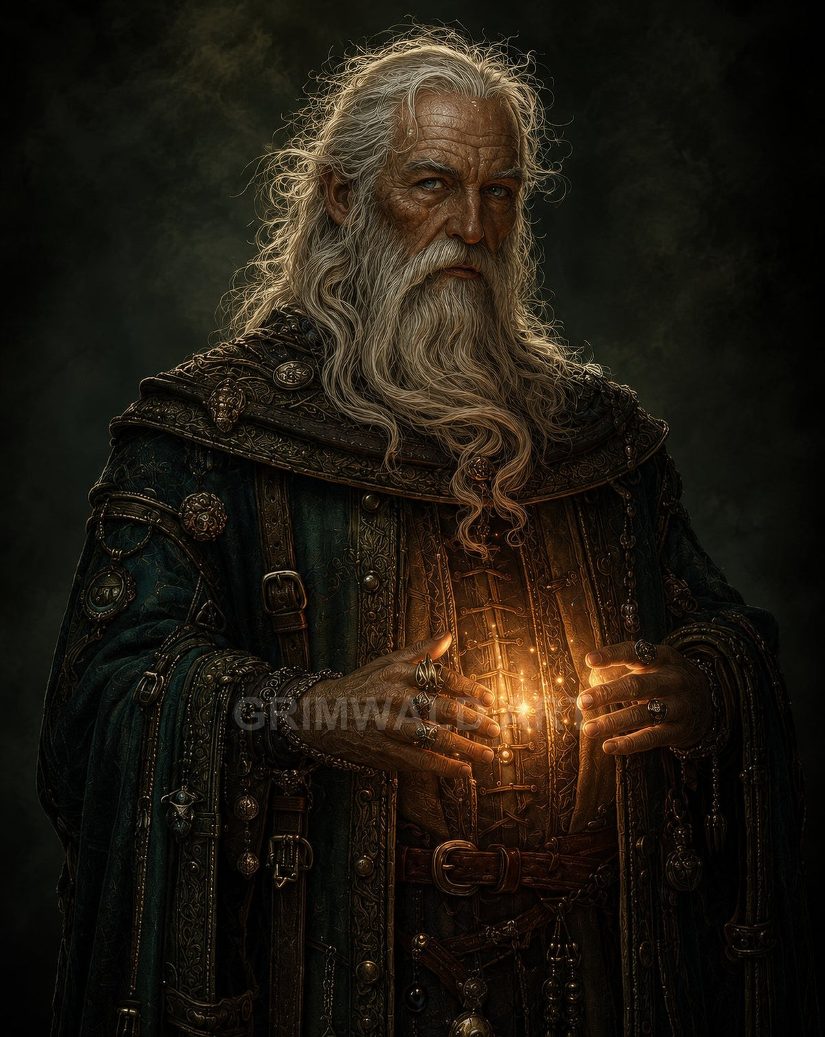 Elderly wizard with long white beard in ornate teal robes conjures glowing golden light between his hands against a dark moody background.