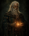 GRID THUMBNAIL — Elderly wizard with long white beard in ornate teal robes conjures glowing golden light between his hands against a dark moody background.