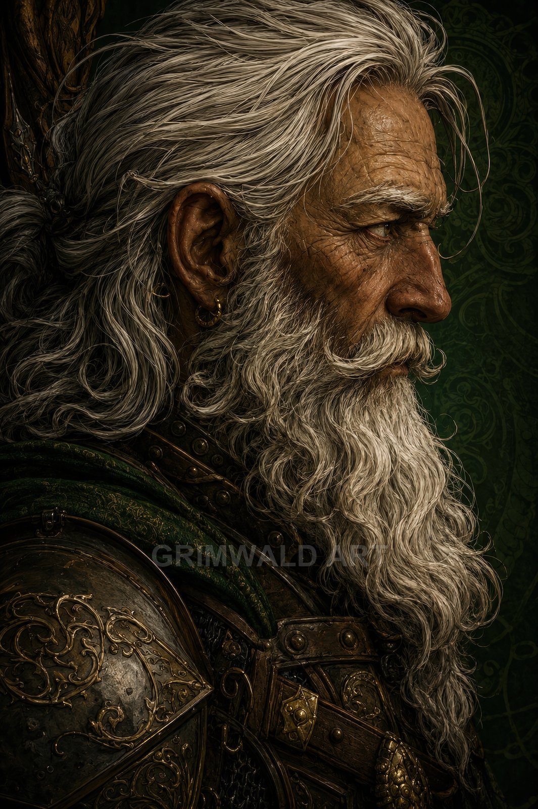 Side-profile portrait of an elderly bearded knight in ornate armour and green cloak, intense gaze against a dark green patterned backdrop, richly textured.
