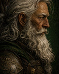GRID THUMBNAIL — Side-profile portrait of an elderly bearded knight in ornate armour and green cloak, intense gaze against a dark green patterned backdrop, richly textured.