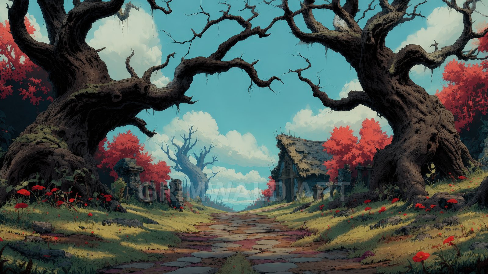 Cobblestone path between two gnarled trees leading to a thatched cottage, red autumn foliage and distant hills under a bright blue daytime sky.
