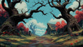 GRID THUMBNAIL — Cobblestone path between two gnarled trees leading to a thatched cottage, red autumn foliage and distant hills under a bright blue daytime sky.