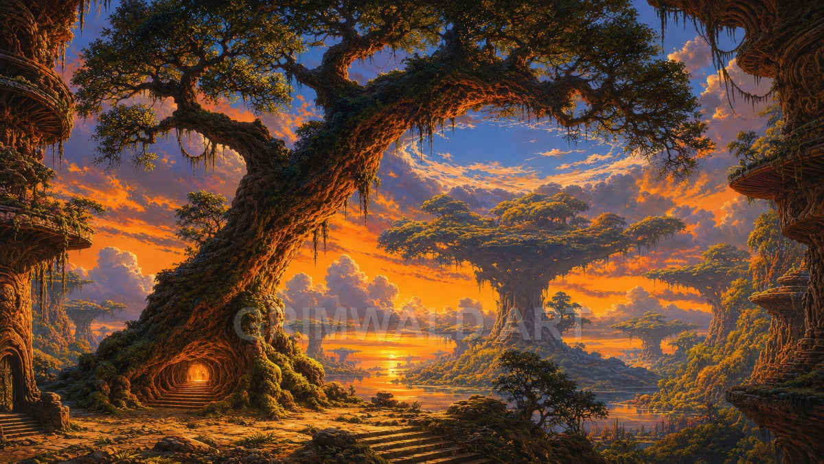 Vast fantasy forest of colossal trees at sunset, arching boughs over a reflective lake, moss-draped terraces and glowing tree tunnels.