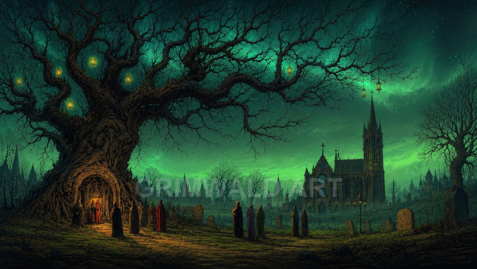 Gothic graveyard at night beneath a teal sky, a massive gnarled tree hung with lanterns faces a distant spired cathedral.