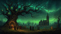 GRID THUMBNAIL — Gothic graveyard at night beneath a teal sky, a massive gnarled tree hung with lanterns faces a distant spired cathedral.
