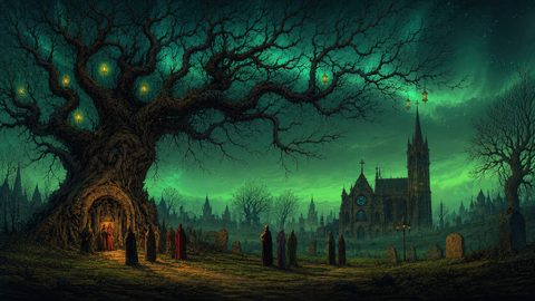 GRID THUMBNAIL — Gothic graveyard at night beneath a teal sky, a massive gnarled tree hung with lanterns faces a distant spired cathedral.