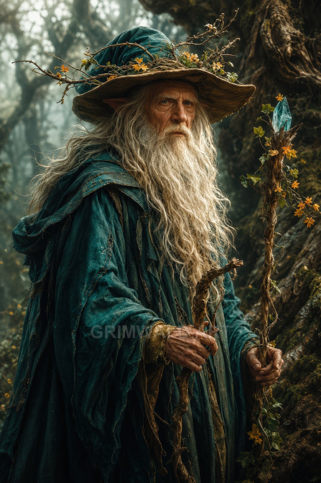 An elderly elf druid in teal robes and a brimmed hat holds a vine-wrapped crystal staff, standing amid a misty, ancient forest.