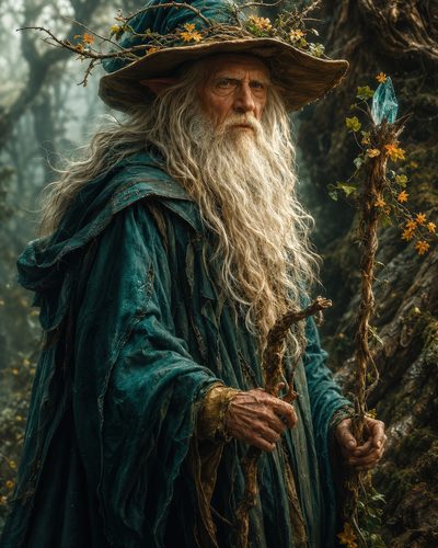 GRID THUMBNAIL — An elderly elf druid in teal robes and a brimmed hat holds a vine-wrapped crystal staff, standing amid a misty, ancient forest.