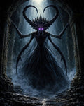 GRID THUMBNAIL — Towering demonic figure with glowing purple eyes and spiked horns stands amid mist inside a crumbling stone archway, backlit by cold shafts of light.