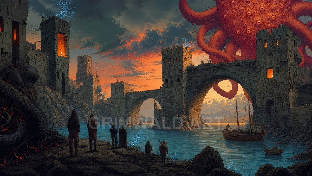 Ruined stone bridge-fortress spans a river at sunset as a colossal many-eyed tentacled entity looms overhead, with boats and onlookers below.