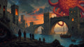 GRID THUMBNAIL — Ruined stone bridge-fortress spans a river at sunset as a colossal many-eyed tentacled entity looms overhead, with boats and onlookers below.