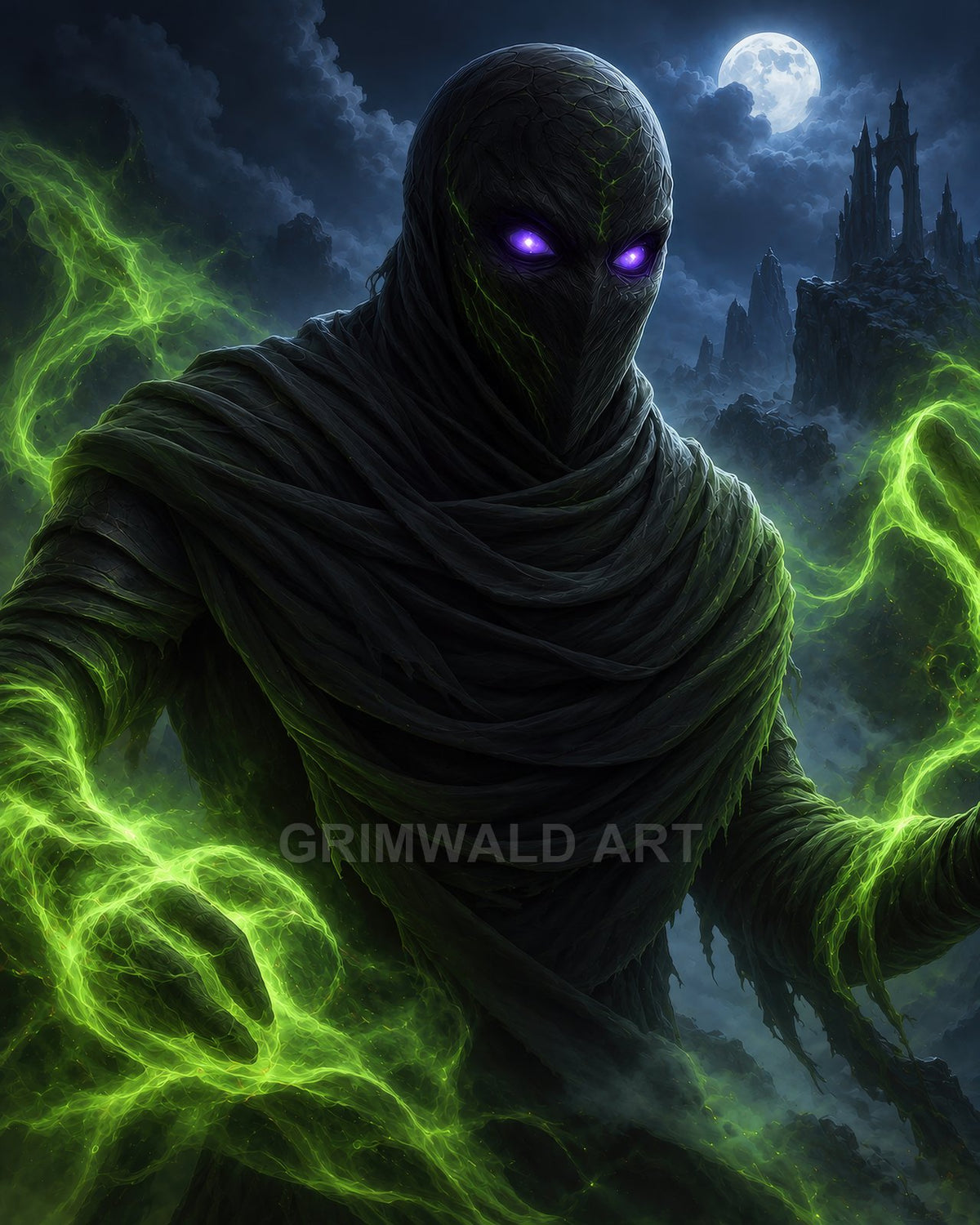 Hooded necromancer with glowing violet eyes conjures vivid green magic, framed by a full moon and jagged gothic ruins at night.