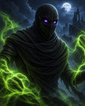 GRID THUMBNAIL — Hooded necromancer with glowing violet eyes conjures vivid green magic, framed by a full moon and jagged gothic ruins at night.