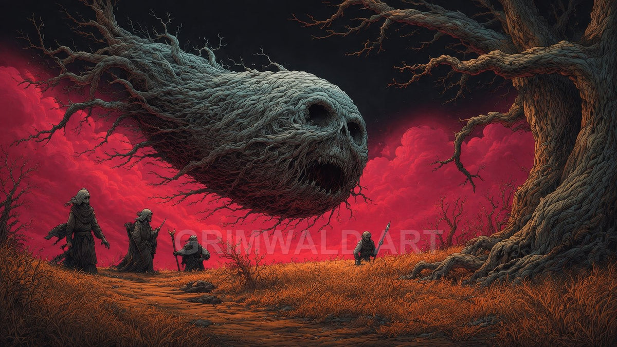 A giant root-woven skull floats over a withered path; robed figures walk beneath amid gnarled trees and blood-red clouds under a dark sky.