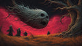 GRID THUMBNAIL — A giant root-woven skull floats over a withered path; robed figures walk beneath amid gnarled trees and blood-red clouds under a dark sky.