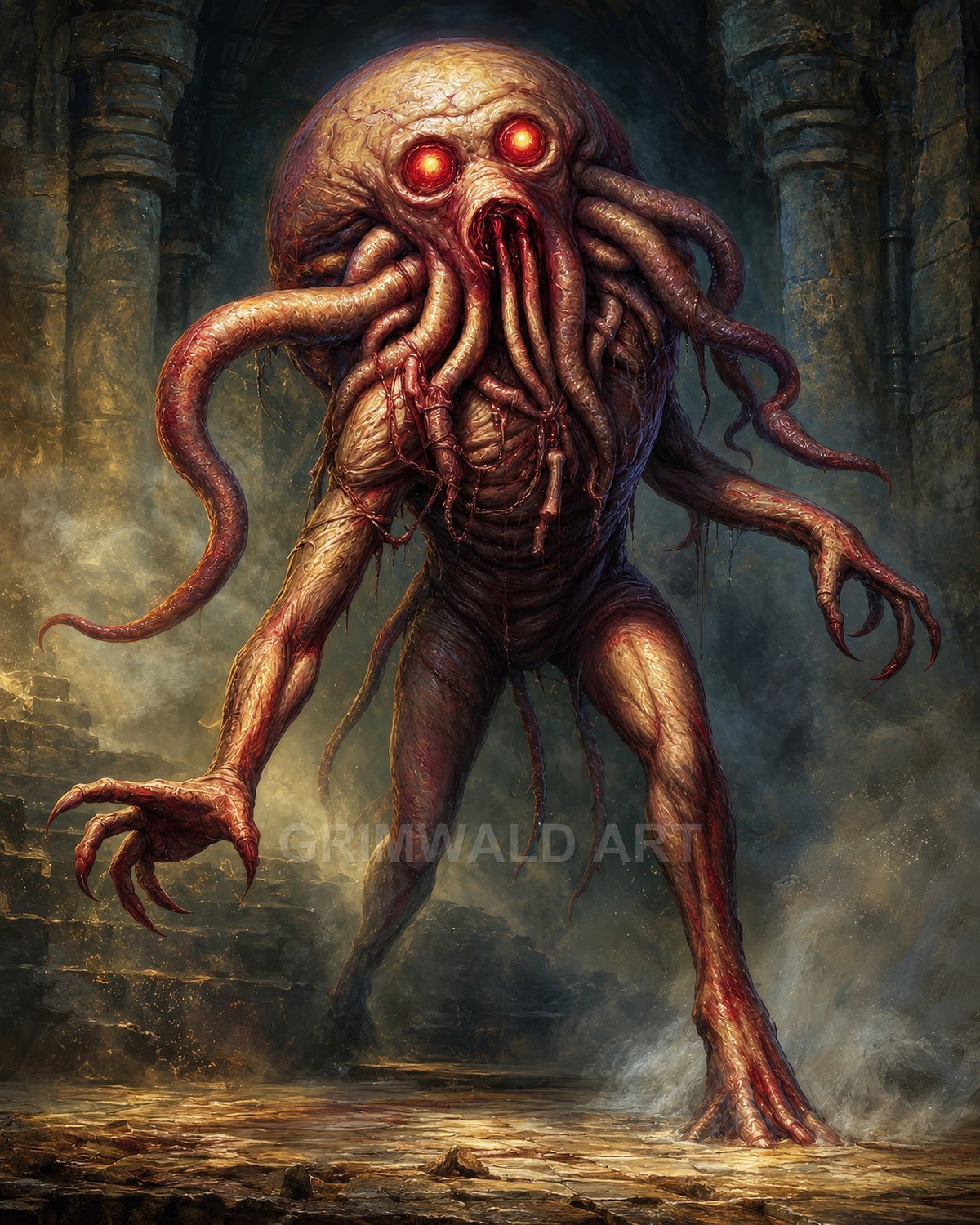 Grotesque tentacled demon with glowing red eyes stalks through crumbling stone ruins, clawed hands outstretched amid dust and firelit haze.