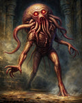 GRID THUMBNAIL — Grotesque tentacled demon with glowing red eyes stalks through crumbling stone ruins, clawed hands outstretched amid dust and firelit haze.