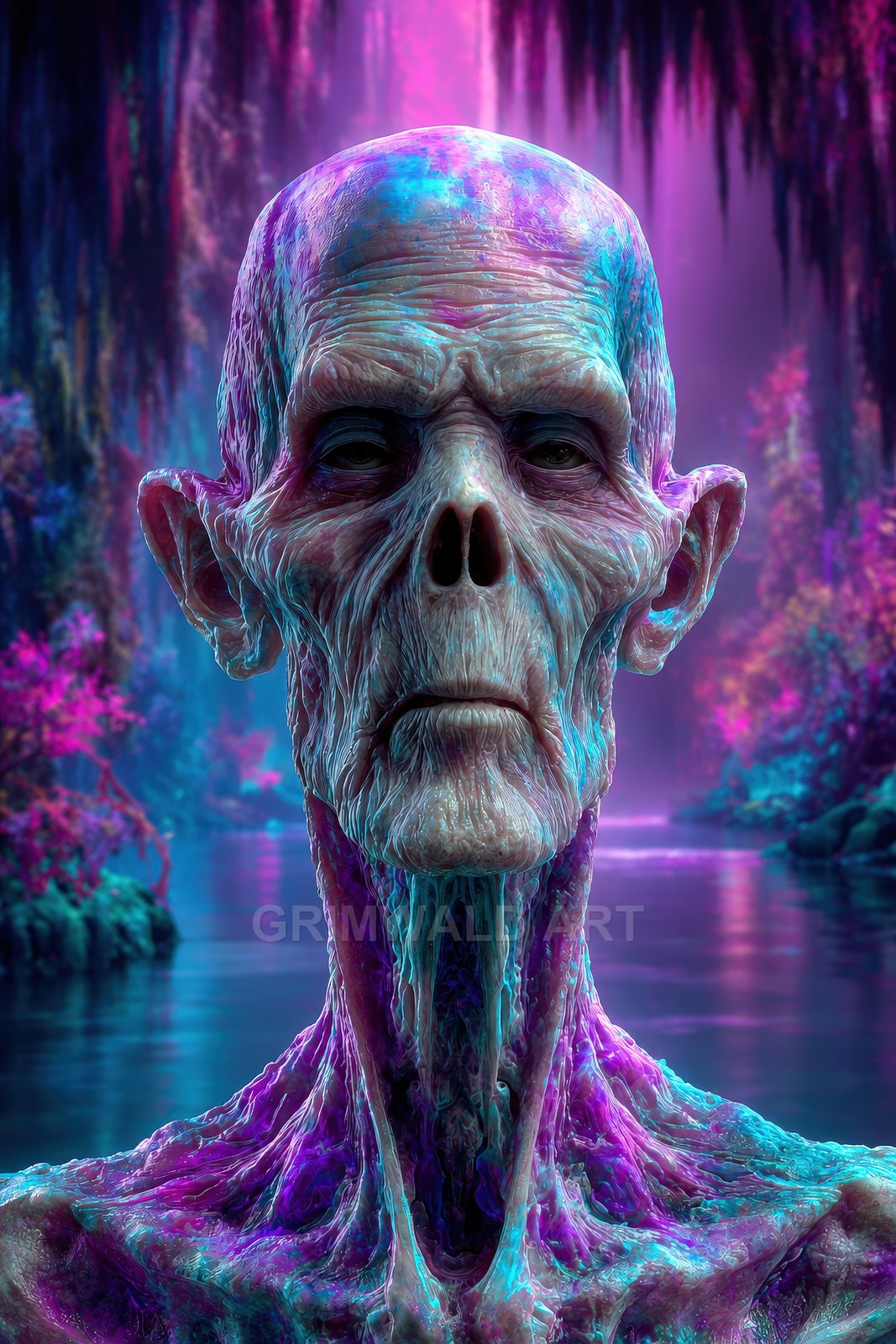Close-up portrait of a skeletal undead with veiny, translucent skin and elongated neck, in neon purple and teal, before a glowing twilight river.