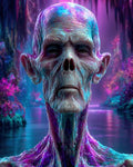 GRID THUMBNAIL — Close-up portrait of a skeletal undead with veiny, translucent skin and elongated neck, in neon purple and teal, before a glowing twilight river.