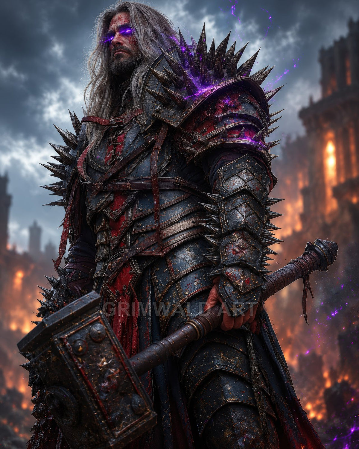 Armoured knight with spiked plate and glowing purple eyes grips a heavy warhammer amid burning city ruins under stormy skies, embers swirling.
