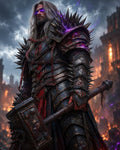 GRID THUMBNAIL — Armoured knight with spiked plate and glowing purple eyes grips a heavy warhammer amid burning city ruins under stormy skies, embers swirling.
