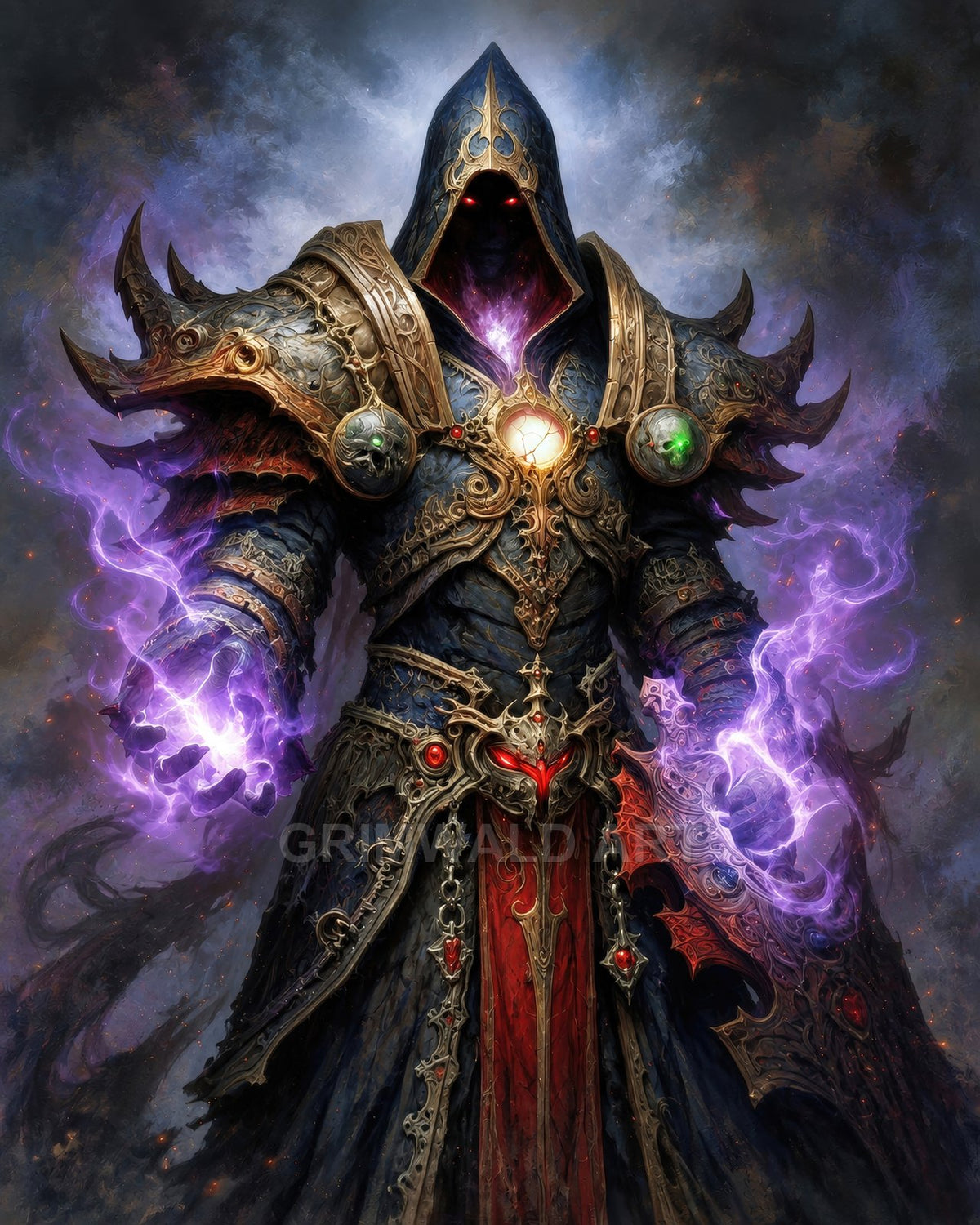 Hooded warlock in baroque armour summons swirling purple magic, red eyes glowing beneath cowl, gothic details and gem-lit chest against smoky dark background.