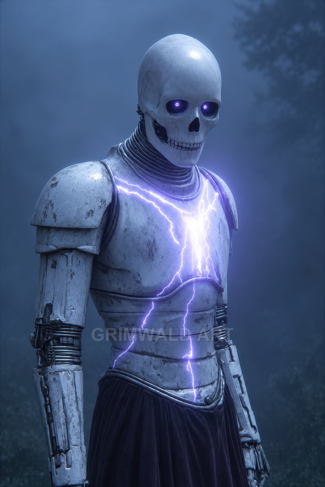 A skull-faced android with glowing purple eyes and crackling energy across its metal chest stands in a misty forest at twilight, ominous and still.