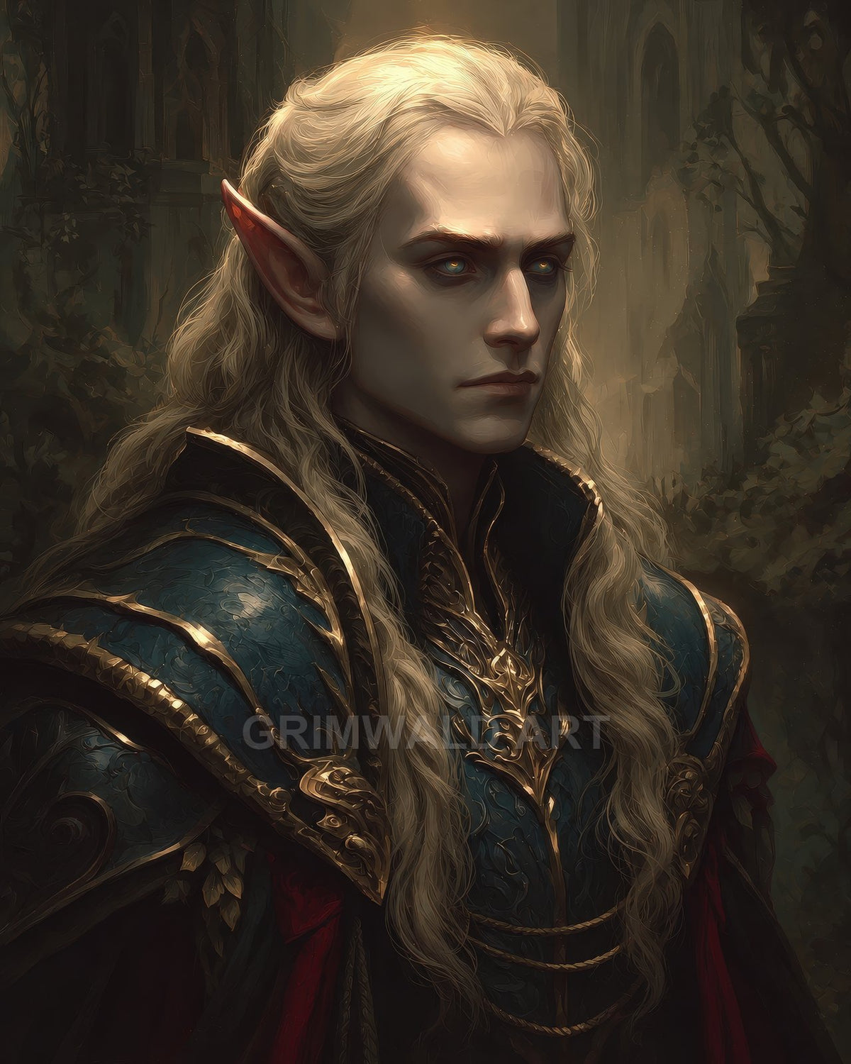 Portrait of a solemn, long-haired elf in gilded blue armour, pointed ears and glowing eyes, set against shadowy ancient ruins in twilight.