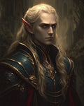 GRID THUMBNAIL — Portrait of a solemn, long-haired elf in gilded blue armour, pointed ears and glowing eyes, set against shadowy ancient ruins in twilight.