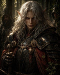 GRID THUMBNAIL — A silver-haired elf in ornate black and gold armour grips a sword in a shadowed forest, flanked by hooded companions, lit by warm, dappled light.