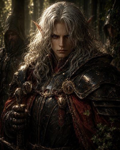 GRID THUMBNAIL — A silver-haired elf in ornate black and gold armour grips a sword in a shadowed forest, flanked by hooded companions, lit by warm, dappled light.