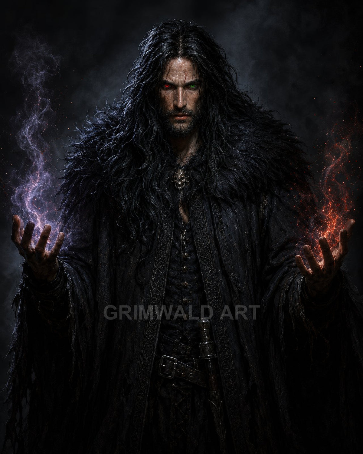 Long-haired male warlock with mismatched red and green eyes conjures purple and red magic, wearing a black fur cloak against a smoky backdrop.