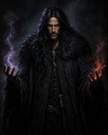 GRID THUMBNAIL — Long-haired male warlock with mismatched red and green eyes conjures purple and red magic, wearing a black fur cloak against a smoky backdrop.