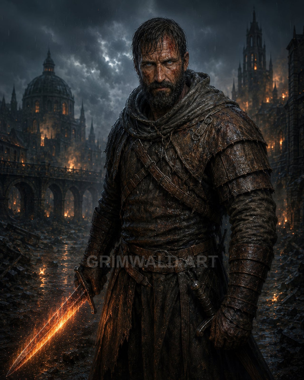 Bearded armoured man with a glowing orange sword stands in the rain before a burning gothic city and cathedral under stormy night skies.