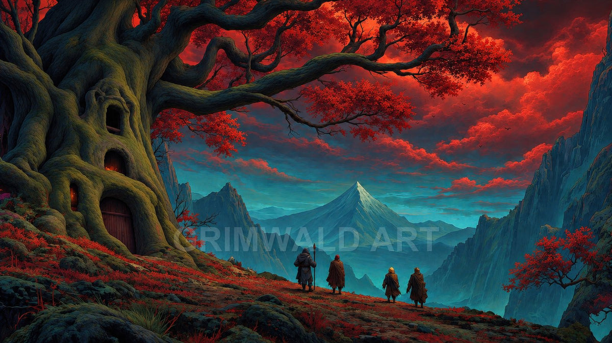 Four cloaked travellers stand under a giant red-leaved tree with carved doorways, overlooking misty blue mountains and a sharp distant peak at twilight.
