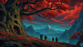 GRID THUMBNAIL — Four cloaked travellers stand under a giant red-leaved tree with carved doorways, overlooking misty blue mountains and a sharp distant peak at twilight.