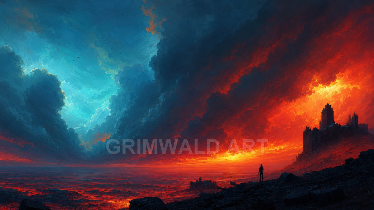 Dark coast with a looming castle; fiery red clouds meet cool blue sky above a glowing sea, as a lone figure stands on rocks.