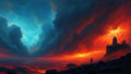 GRID THUMBNAIL — Dark coast with a looming castle; fiery red clouds meet cool blue sky above a glowing sea, as a lone figure stands on rocks.