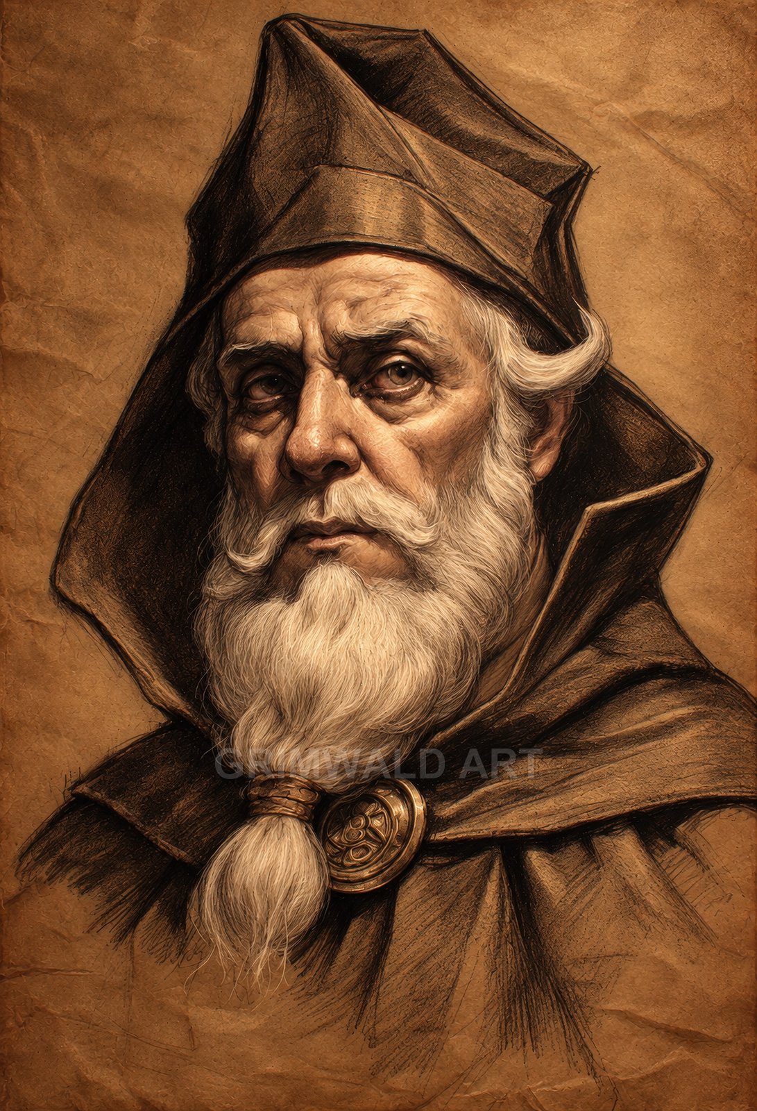 Detailed portrait of an elderly male wizard with a long white beard, peaked hooded robe, and ornate brooch, rendered in warm sepia on textured parchment.
