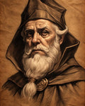 GRID THUMBNAIL — Detailed portrait of an elderly male wizard with a long white beard, peaked hooded robe, and ornate brooch, rendered in warm sepia on textured parchment.